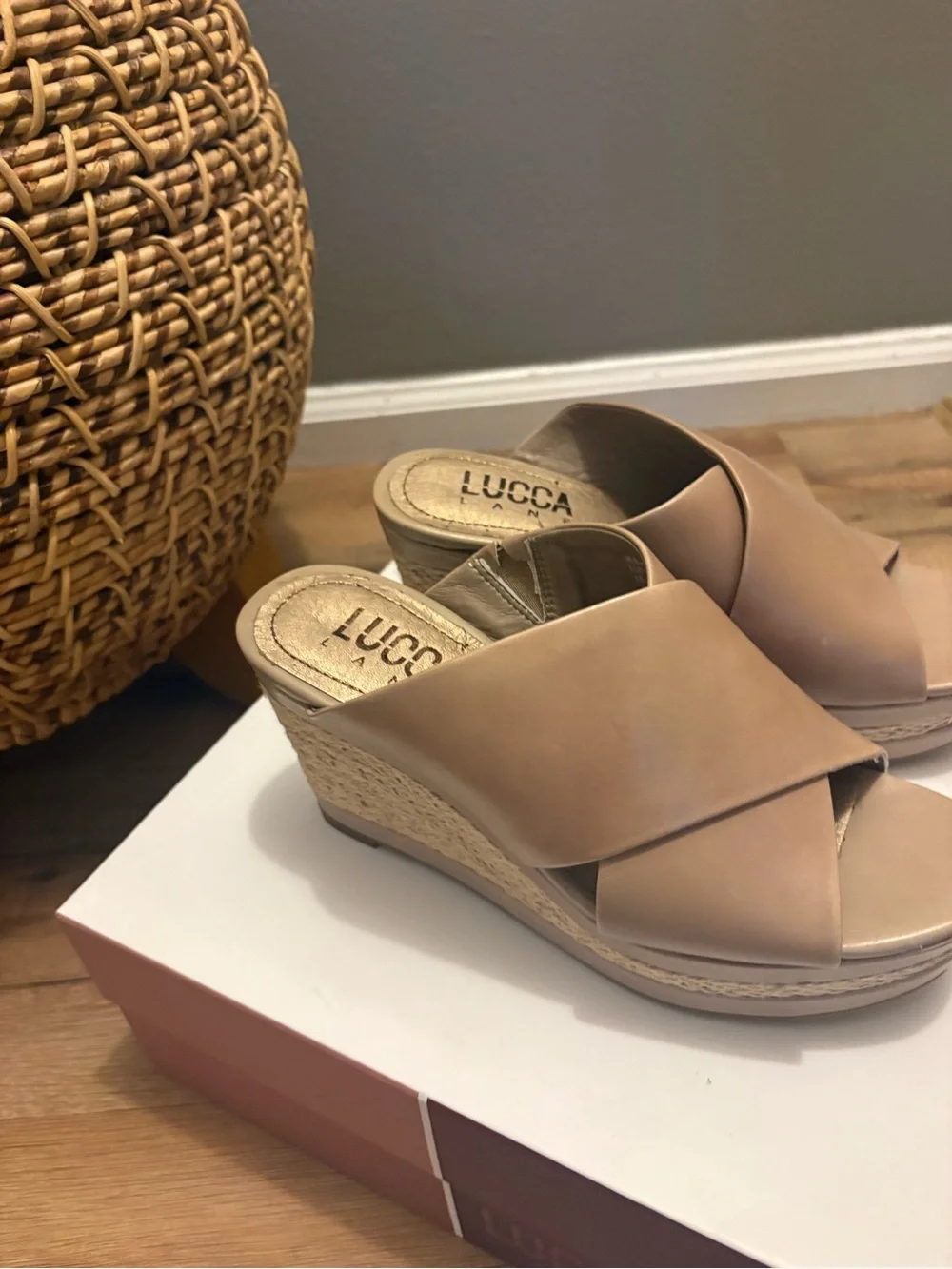 LUCCA Debbi Taupe Cross-Band Espadrille Platform Sandals